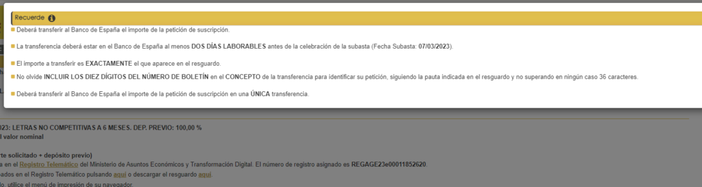 instrucciones para trasnferencia previa a la subasta de las letras del tesoro